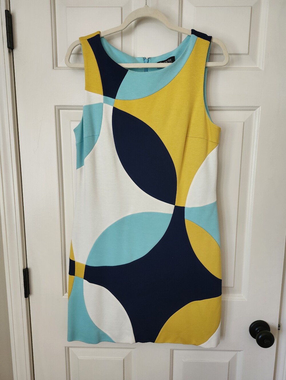 Sleeveless Mini Dress with Bold Navy, Yellow, Aqua & White Print
